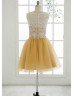 Ivory Lace Yellow Tulle Knee Short Bridesmaid Dress